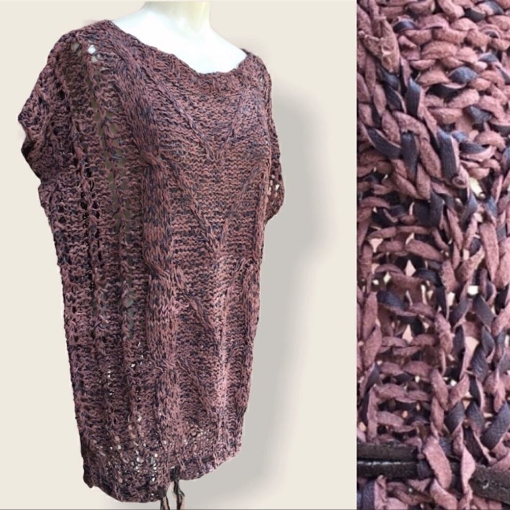 Vintage Boho Hand Knit Genuine Leather Cinch Hem Pullover Sleeveless Top